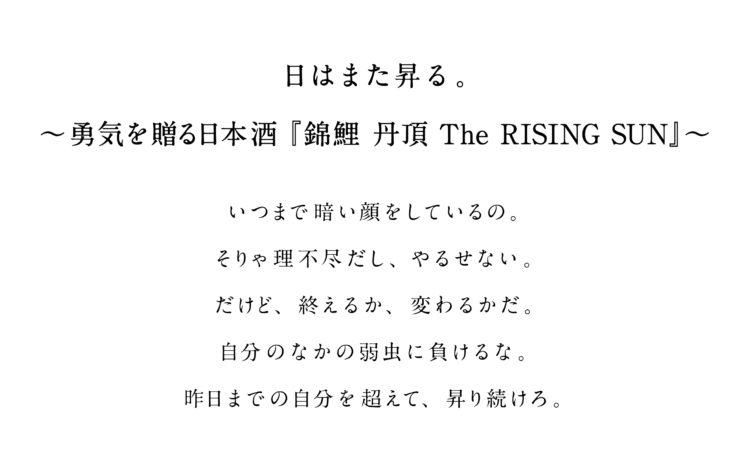 日はまた昇る。今代司酒造、挑戦がテーマの日本酒『錦鯉 丹頂 The RISING SUN』を造るプロジェクトを開始！